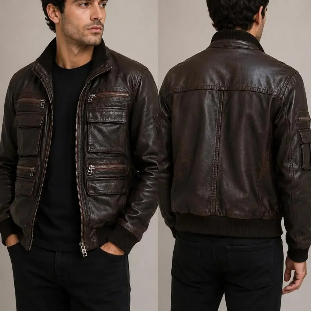 Vintage brown leather bomber jacket